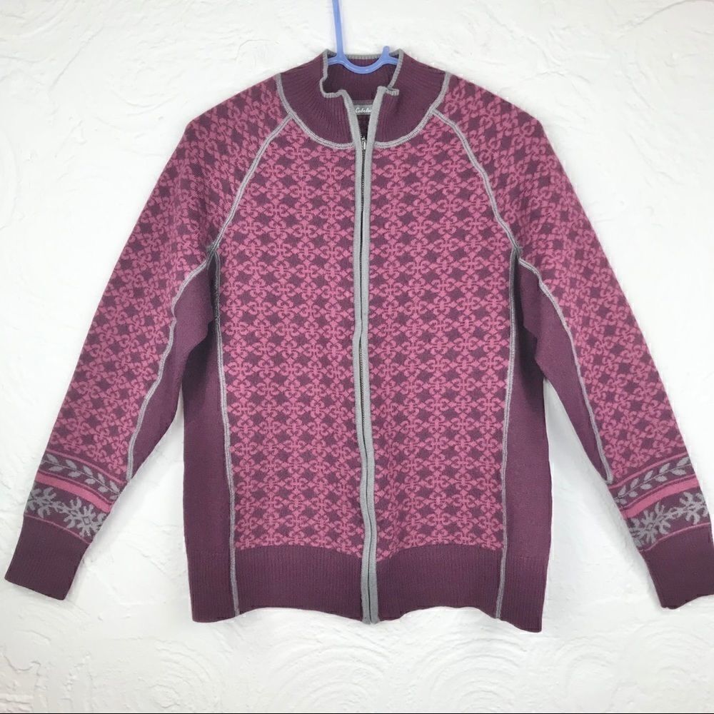 Cabela’s Burgundy Pattern Merino Wool Nordic Zip Cardigan